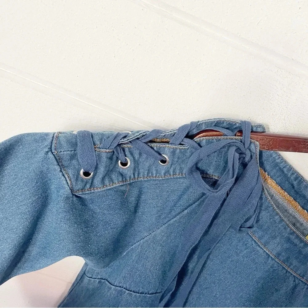 EUC Maeve Anthropologie Blue Denim Lace Up Shoulder Mini Shift Dress Size Small - Picture 13 of 13